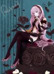  blue_eyes chocolate crossed_legs flower headphones heart high_heels long_hair megurine_luka midriff navel pink_hair rose shindog shoes sitting skirt smile solo thigh-highs thighhighs very_long_hair vocaloid 