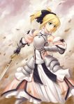  armor armored_dress armpits bare_shoulders blonde_hair detached_sleeves dress fate/stay_night fate/unlimited_codes fate_(series) gauntlets green_eyes hair_ribbon ml.e ponytail ribbon saber saber_lily short_hair solo sword weapon 