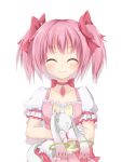  1girl absurdres closed_eyes gloves highres kaname_madoka kyubey magical_girl mahou_shoujo_madoka_magica pink_hair short_hair short_twintails sigemi simple_background smile twintails white_background 