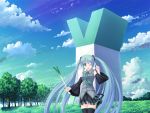  clouds hatsune_miku kageira long_hair open_mouth sky spring_onion thighhighs tree twintails very_long_hair vocaloid wink 