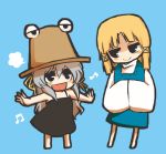  bad_id blonde_hair character_request chibi crossover eyes hat kadotarou m.u.g.e.n moriya_suwako mugen_(game) musical_note one orihara_misao pyonta touhou 