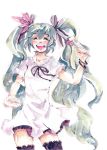  aqua_hair bad_id blush cake dress food fork hair_ribbon hatsune_miku long_hair pastry pompom ribbon simple_background skirt smile solo thigh-highs thighhighs traditional_media twintails very_long_hair vocaloid watercolor watercolor_(medium) world_is_mine_(vocaloid) zettai_ryouiki 