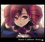  1girl amy_sorel byuune character_name choker closed_mouth copyright_name drill_hair flower fur_trim lace lace-trimmed_sleeves lace_choker lace_trim long_sleeves purple_rose red_eyes red_hair redhead rose rose_print solo soul_calibur soulcalibur title_drop twin_drills 