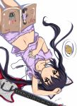  animal_ears black_hair book brown_eyes cat_ears digital_media_player earbuds earphones eatbara fish food guitar highres instrument k-on! long_hair lying magazine midriff mp3_player mustang(guitar) nakano_azusa no_nose pajamas pout product_placement solo taiyaki twintails wagashi 