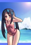  black_hair blue_hair blush cover flat_chest gaien highres k-on! long_hair nakano_azusa ocean one-piece one-piece_swimsuit sky solo swimsuit twintails water 