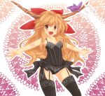  bad_id blonde_hair bra fang garter_belt highres horns ibuki_suika lingerie long_hair nivel orange_hair panties red_eyes thigh-highs thighhighs touhou underwear 