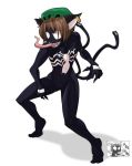  animal_ears bicycle brown_hair cat_ears cat_tail chen chen_(cosplay) cosplay crossover drawfag earrings fusion hat highres honk_honk jewelry marvel multiple_tails parody pun short_hair solo symbiote tail tongue touhou venom_(marvel) 
