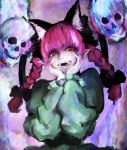  animal_ears bangs braid cat_ears ema_non extra_ears fangs hands_on_own_face highres kaenbyou_rin long_hair long_sleeves looking_down pale_skin pointy_ears puffy_sleeves red_eyes red_hair skull slit_pupils smile solo teeth tongue touhou twin_braids 
