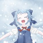  bow child cirno closed_eyes creamfully fang happy short_hair smile touhou wings 