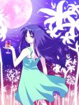  cupping_glass dress furude_rika glass higurashi_no_naku_koro_ni kabikuro long_hair looking_back moon purple_eyes violet_eyes wine 