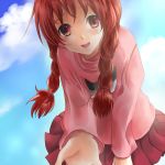  :d braid cloud from_below hands long_sleeves madotsuki open_mouth red_hair skirt sky smile solo sweater twin_braids yume_nikki 