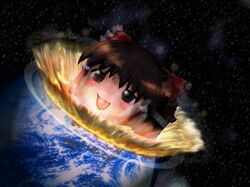  bow brown_eyes brown_hair earth hair_bow hair_tubes hakurei_reimu no_humans planet reraku space touhou what yukkuri_shiteitte_ne 