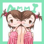  brown_hair child futami_ami futami_mami idolmaster multiple_girls siblings twins wink 