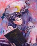  book french glasses hat kabaji long_hair oil_painting_(medium) patchouli_knowledge purple_eyes purple_hair ribbon touhou traditional_media violet_eyes 