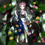  anklet bad_id barefoot black_hair blue_eyes fish flower goldfish hands highres japanese_clothes jewelry lily_pad moyacy original ripples water 