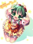  \m/ cuffs frills from_above goggles goggles_on_head green_eyes green_hair gumi jpeg_artifacts open_mouth short_hair sitting skirt smile solo star vocaloid wrist_cuffs 