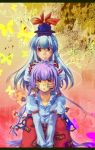  blue_hair bow fujiwara_no_mokou hat kamishirasawa_keine kawamochi_(artist) long_hair multiple_girls purple_hair red_eyes ribbon suspenders touhou 