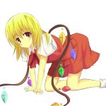 1girl all_fours blonde_hair flandre_scarlet frown highres looking_at_viewer red_eyes short_hair skirt skirt_set solo tareme tokkyun touhou vest white_background wings 