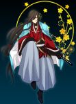  1boy black_hair blue_eyes gloves hakama highres izumi-no-kami_kanesada japanese_clothes long_hair low-tied_long_hair solo touken_ranbu very_long_hair zum 