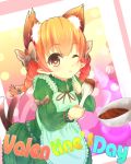  1girl akatsuki_no_guuru animal_ears apron bow braid cat_ears cat_tail chocolate heart heart-shaped_pupils highres kaenbyou_rin multiple_tails one_eye_closed pointy_ears red_eyes redhead ribbon short_hair solo symbol-shaped_pupils tail touhou twin_braids valentine wooden_spoon 