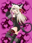  1girl ;d animal_ears ass bell blonde_hair blush boots cat_ears cat_tail catsuit elbow_gloves eyelashes fake_animal_ears fate/kaleid_liner_prisma_illya fate_(series) gloves hair_bell hair_ornament hair_ribbon heart highres illyasviel_von_einzbern jingle_bell long_hair looking_at_viewer one_eye_closed open_mouth petite platinum_blonde red_eyes ribbon smile solo tail thigh-highs thigh_boots tokkyun 