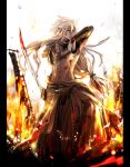  1boy banner blood fire flag hakama highres japanese_clothes katana kogitsunemaru licking_hand long_hair low-tied_long_hair midriff pillarboxed sashimono shihouakira solo sword touken_ranbu weapon 