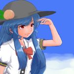  1girl above_clouds blue_hair blue_sky bow bust eyelashes facing_away faux_traditional_media food fruit hat hinanawi_tenshi leaf light_smile long_hair looking_at_hand payot peach red_eyes short_sleeves sky solo touhou uisu_(noguchipint) 