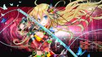  1girl blonde_hair blue_eyes breasts butterfly digital_rain elbow_gloves flower gloves hair_flower hair_ornament highres lily_(vocaloid) long_hair looking_at_viewer moyon solo sword vocaloid weapon 