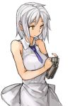 1girl bare_shoulders character_request copyright_request dress necktie sachito short_hair simple_background sleeveless sleeveless_dress solo white_background white_dress white_hair yellow_eyes 