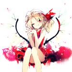  1girl blonde_hair bow dress flandre_scarlet hands_clasped hat interlocked_fingers long_hair one_eye_closed red_eyes side_ponytail simple_background sitting sketch smile solo teco_uk touhou white_background wings 