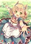  1girl :d animal_ears blurry braid breasts brown_hair cleavage depth_of_field dog_ears dog_tail dress fang green_eyes maid maid_headdress mitsuhachi8 open_mouth original outstretched_arms smile tagme tail wrist_cuffs 