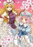  2girls arm_ribbon blonde_hair bow breasts cherry_blossoms colored_pencil_(medium) dress frilled_dress frilled_kimono frills hageunchi hair_bow hat hat_ribbon highres japanese_clothes kimono long_hair long_sleeves mob_cap multiple_girls obi open_mouth petals pink_eyes pink_hair puffy_long_sleeves puffy_sleeves ribbon ribbon-trimmed_collar ribbon_trim saigyouji_yuyuko sash short_hair smile sunset tabard teeth touhou traditional_media tree_branch triangular_headpiece veil violet_eyes white_dress wide_sleeves yakumo_yukari 