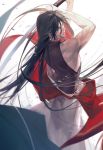  1boy bare_shoulders black_hair blue_eyes izumi-no-kami_kanesada japanese_clothes katana long_hair naked_cat solo sword touken_ranbu very_long_hair weapon 