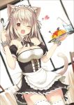  1girl ;d ahoge animal_ears bare_shoulders blonde_hair blush breasts cat_ears cat_tail cleavage food glass heart heart-shaped_pupils long_hair looking_at_viewer maid maid_headdress one_eye_closed open_mouth original smile solo spoon symbol-shaped_pupils tail thigh-highs violet_eyes white_legwear yuui_hutabakirage 