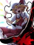  1girl blonde_hair blood blood_on_face blood_on_hands fangs flandre_scarlet hat highres looking_at_viewer open_mouth red_eyes rihito_(usazukin) sharp_teeth side_ponytail solo thigh-highs touhou wrist_cuffs 