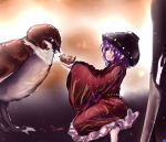  1girl bird bowl feeding japanese_clothes kimono moura_(kenyuugetu) purple_hair sparrow sukuna_shinmyoumaru touhou violet_eyes wide_sleeves 