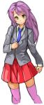  1girl :o character_request copyright_request long_hair long_sleeves mole mole_under_eye necktie open_mouth pleated_skirt purple_hair purple_legwear red_skirt sachito simple_background skirt solo thigh-highs white_background yellow_eyes zettai_ryouiki 