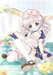  1girl :d artist_request bathroom blue_eyes breasts bubble clumsy fallen_down grey_hair highres maid maid_headdress open_mouth original rubber_duck smile sponge tagme tears thigh-highs tile_wall tiles white_legwear 