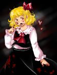  1girl ascot blonde_hair blood blood_in_mouth blood_on_face blood_on_fingers bloody_clothes bloody_hands blouse fang hair_ribbon heart open_mouth ribbon rumia short_hair skirt touhou uriko77 vest 