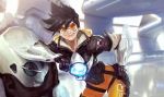 1girl ben_lo brown_hair gloves goggles indoors jacket leaning_over lips looking_at_viewer overwatch short_hair smile spiky_hair tracer_(overwatch) 
