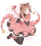  1girl animal_ears antenna_hair artist_name bell black_legwear boots brown_hair cardcaptor_sakura cat_ears fake_animal_ears fuuin_no_tsue green_eyes kinomoto_sakura long_sleeves looking_at_viewer marin_(myuy_3) pantyhose petals short_hair smile solo 