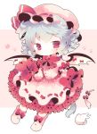  1girl animal_ears bat_wings blue_hair blush bow cat_ears cat_tail cat_teaser chibi cup dress frilled frilled_shirt frilled_skirt frilled_sleeves frills hat kemonomimi_mode kyoneko looking_at_viewer mob_cap pink_dress puffy_short_sleeves puffy_sleeves red_bow red_eyes red_ribbon remilia_scarlet ribbon ribbon_trim short_hair short_sleeves simple_background skirt skirt_hold solo tail too_many_frills touhou wings 