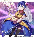  1girl black_legwear blue_hair choker coin collarbone detached_sleeves earrings green_eyes jewelry long_sleeves money necklace official_art open_mouth original pendant ray-akila ring shirt short_hair skirt smile solo thigh-highs veil wide_sleeves wixoss zettai_ryouiki 