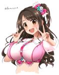  1girl :d blush bow breasts brown_eyes brown_hair bust crop_top de_ra_u_e_a double_v hair_bow hair_intakes idolmaster idolmaster_cinderella_girls impossible_clothes impossible_shirt large_breasts looking_at_viewer open_mouth payot plaid plaid_bow shimamura_uzuki shiny shiny_hair side_ponytail simple_background smile solo taut_clothes twitter_username v wavy_hair white_background wing_collar 