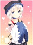  +_- ... 1girl ajiriko animal_hat bag blue_eyes blush camisole choker collarbone frown hands_in_sleeves hat highres looking_at_viewer off-shoulder_shirt off_shoulder original short_hair shoulder_bag solo stuffed_animal stuffed_bunny stuffed_toy symbol-shaped_pupils white_hair wide_sleeves 