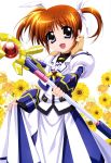  1girl absurdres blue_eyes brown_hair female fingerless_gloves gloves highres lyrical_nanoha mahou_shoujo_lyrical_nanoha nyantype official_art open_mouth raising_heart short_twintails takamachi_nanoha twintails yuuno_scrya 