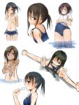  6+girls akino_shuu black_hair brown_eyes brown_hair long_hair multiple_girls navel one-piece_tan original ponytail popsicle red_eyes school_swimsuit shirt short_twintails skinny_dipping spread_legs stretch swimsuit swimsuit_pull swimsuit_under_clothes tan tanline towel towel_around_neck twintails violet_eyes 