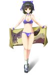  1girl absurdres bikini bird black_hair choker eggplant geta hawk highres idolmaster idolmaster_cinderella_girls kokonoe_sekai mount_fuji short_hair socks swimsuit takafuji_kako towel yellow_eyes 