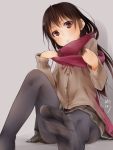  1girl akino_shuu black_legwear brown_hair cardigan feet original pantyhose red_eyes scarf sitting skirt solo 