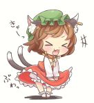  &gt;_&lt; 1girl :3 animal_ears bloomers bow brown_hair cat_ears cat_tail chen chibi commentary_request dress dress_lift earrings fang green_hat hat ibarashiro_natou jewelry long_sleeves multiple_tails nekomata open_mouth red_dress short_hair simple_background single_earring socks solo tail touhou translation_request two_tails underwear white_background white_legwear yellow_bow 